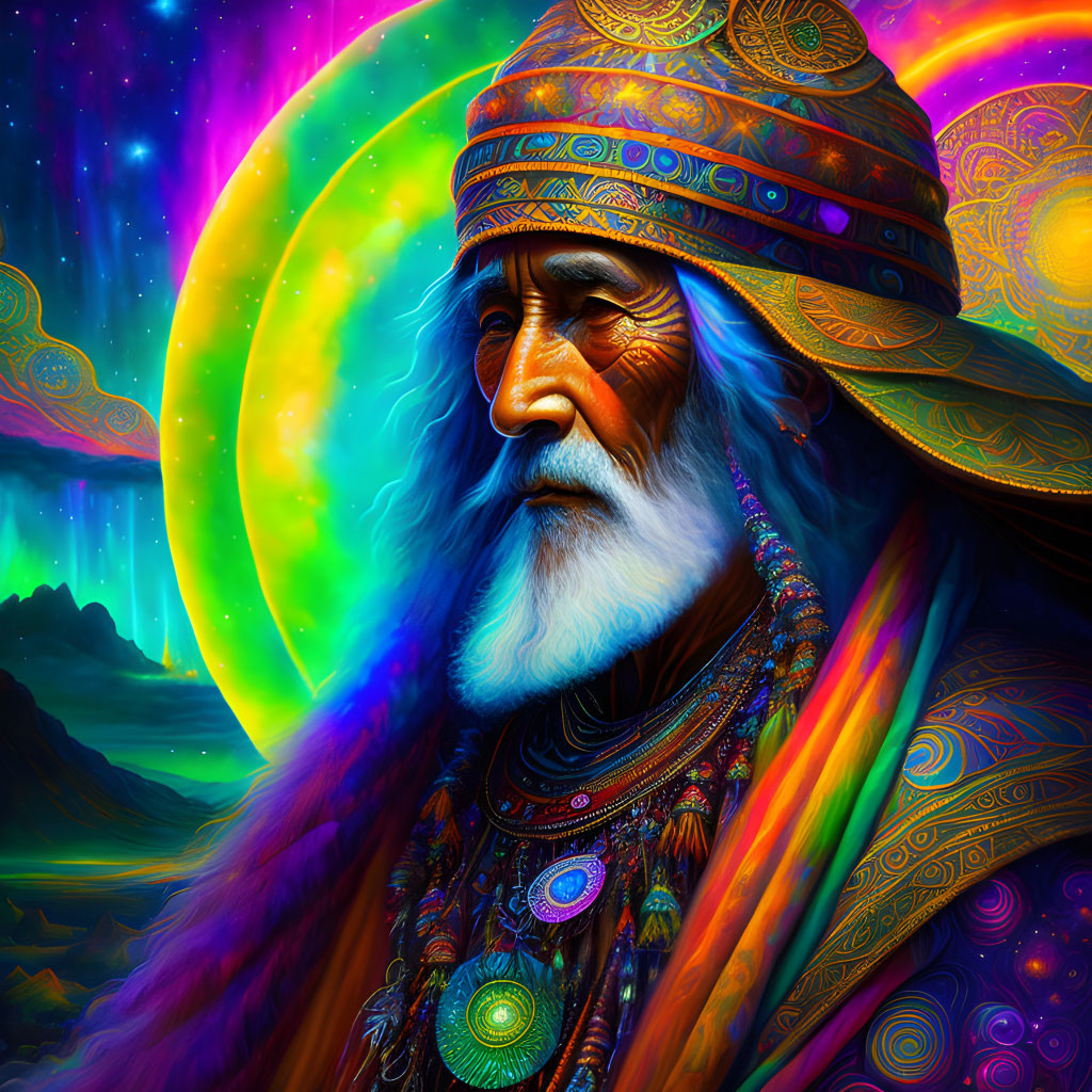 Colorful digital art: Bearded elderly man in turban against cosmic backdrop