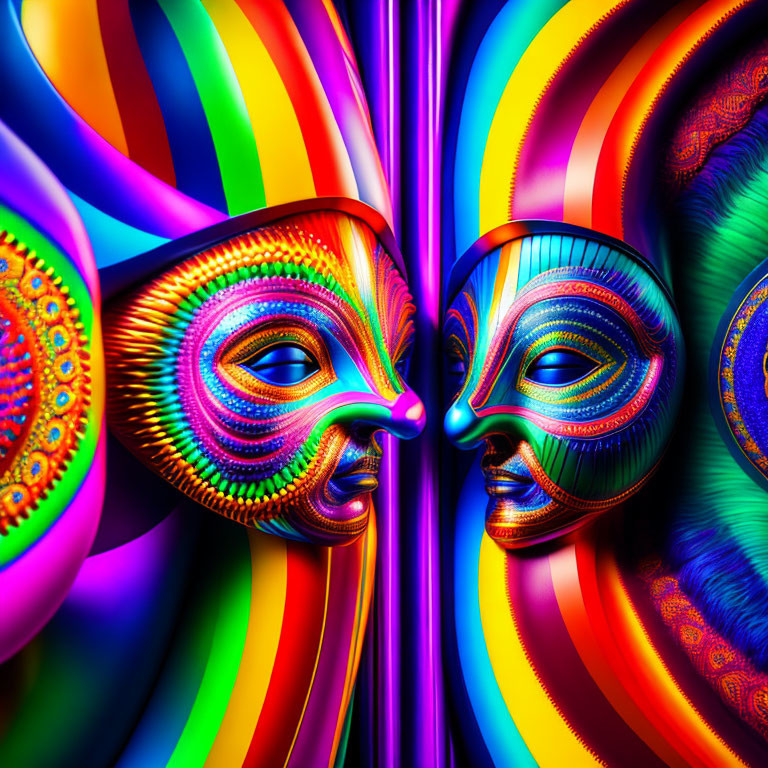 Colorful Masks in Psychedelic Setting with Metallic Poles