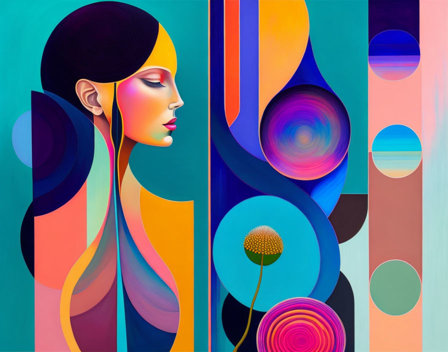 Colorful Abstract Portrait Featuring Flowing Hair and Geometric Shapes