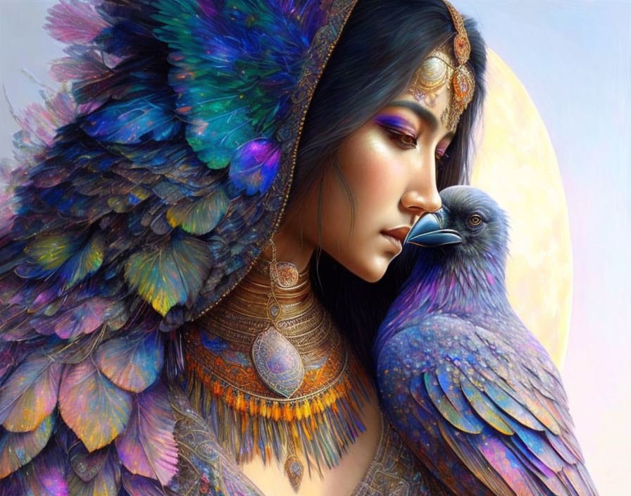 Woman in vibrant feathered attire with raven under full moon