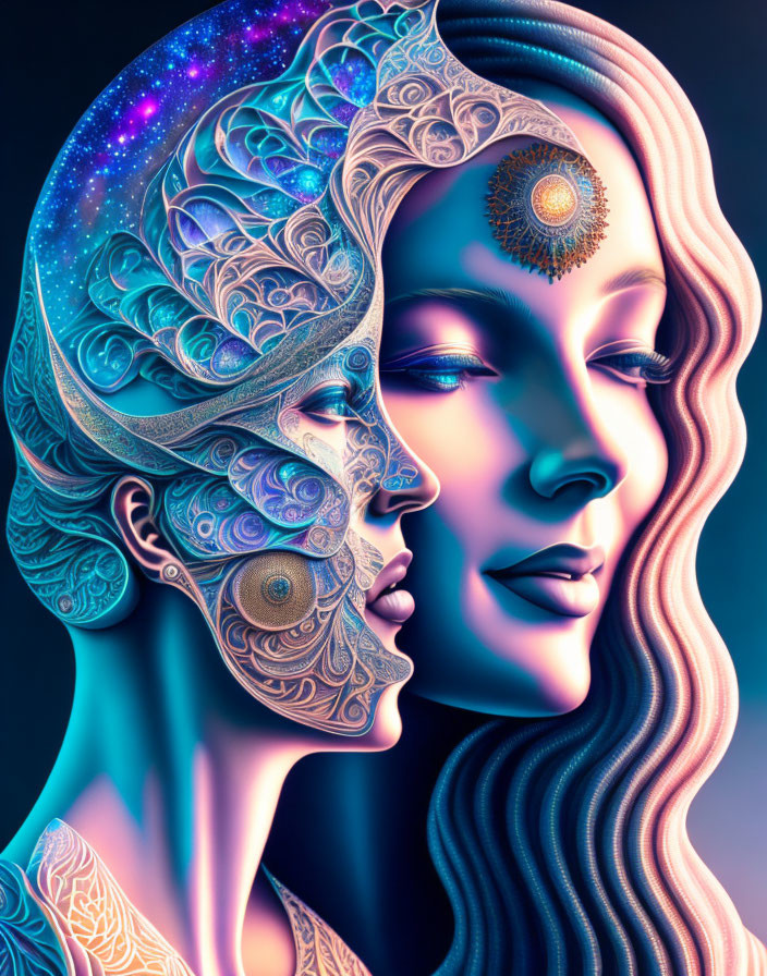 Intricately designed female faces with cosmic motifs on dark background