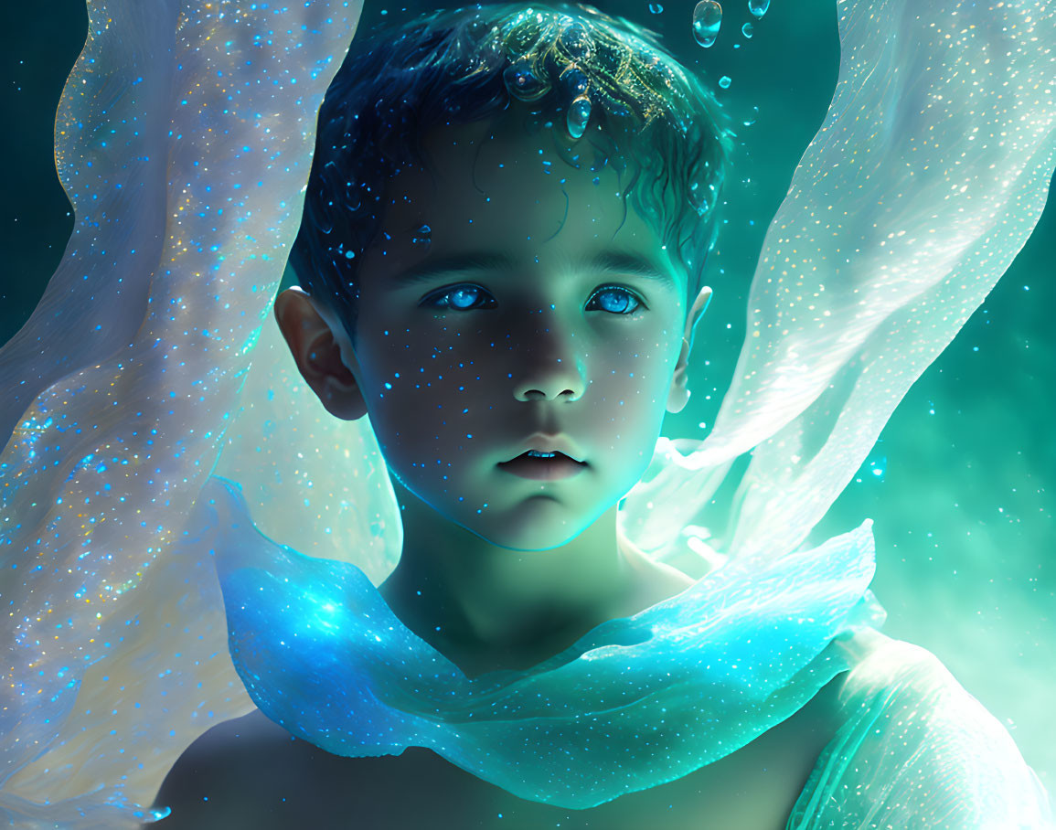 Child with radiant blue eyes in glowing fabric, surrounded by bubbles in underwater fantasy.