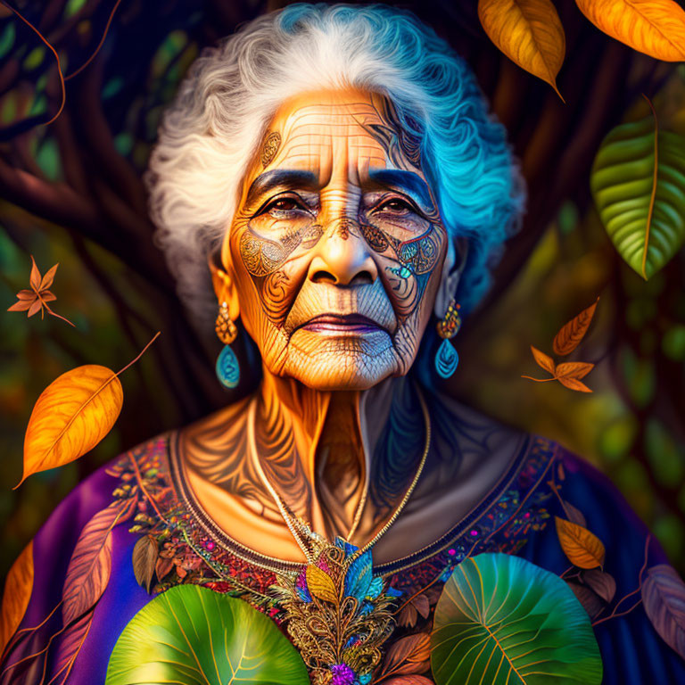 Elderly Woman with Intricate Facial Tattoos in Colorful Attire Surrounded by Floating Leaves