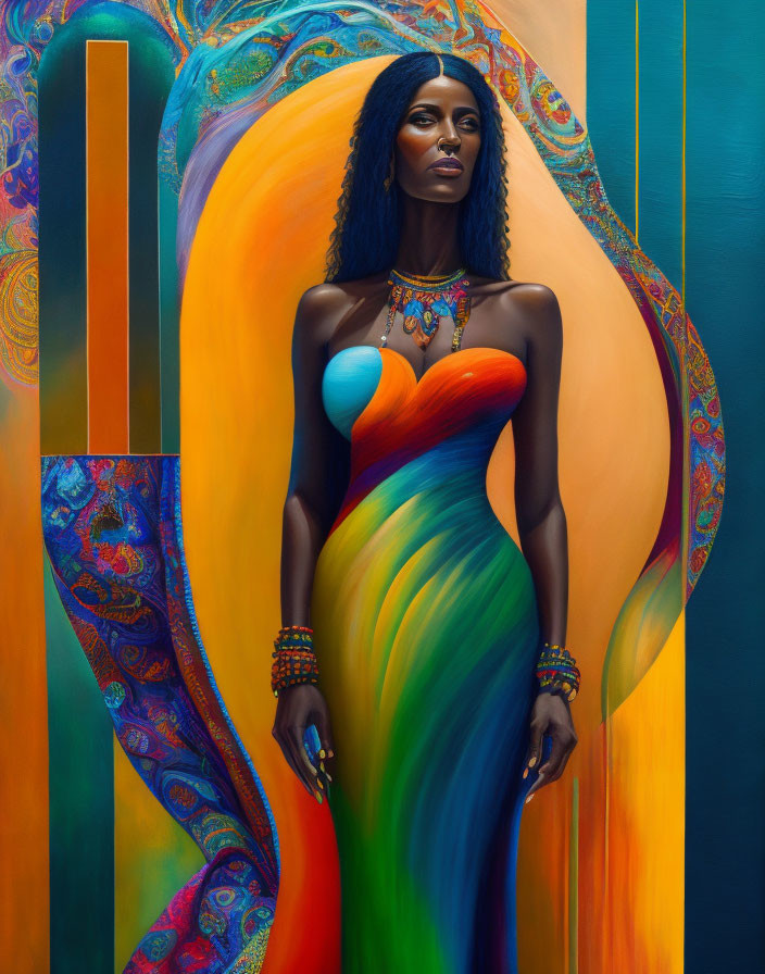 Dark-haired woman in rainbow dress against colorful backdrop