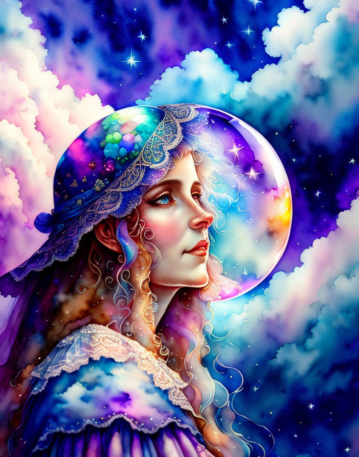 Illustration of woman with glowing halo and cosmic backdrop