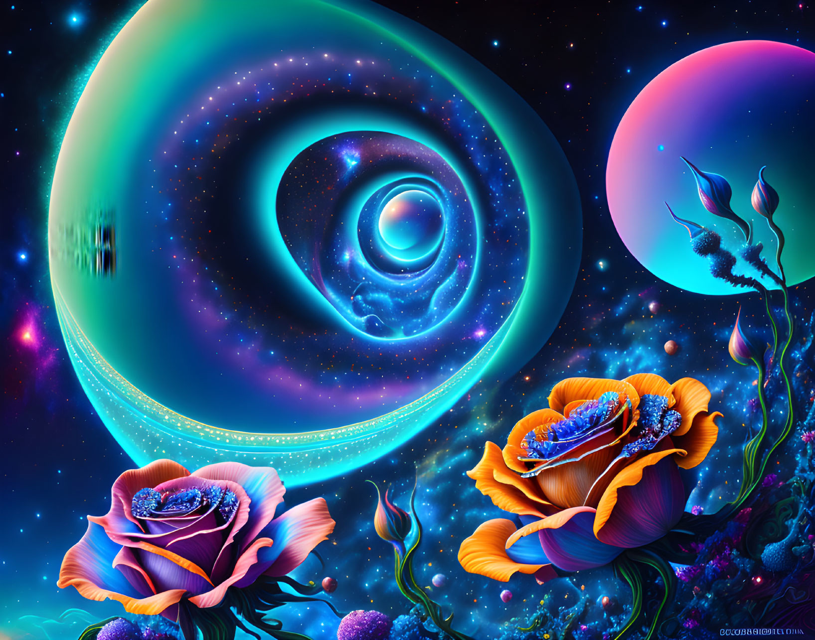 Surreal digital artwork of cosmic flowers and nebulas