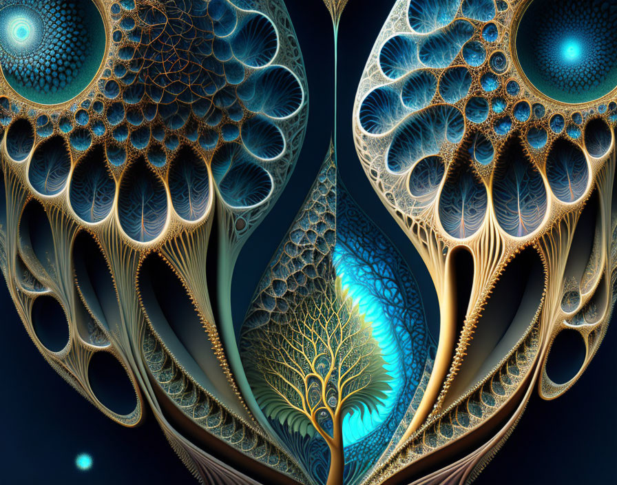 Symmetrical fractal image with tree-like patterns in blue, gold, and brown