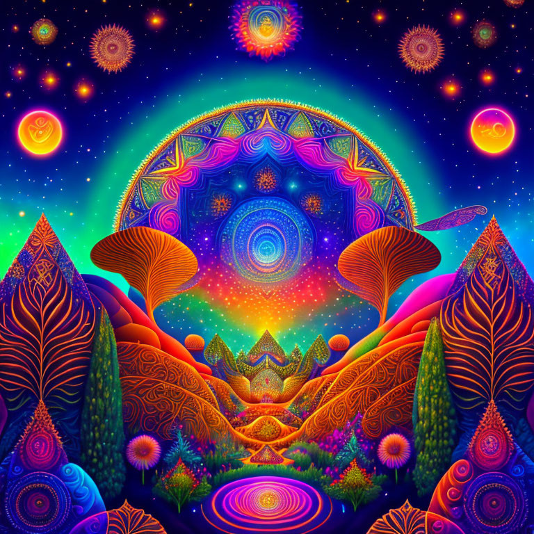 Colorful psychedelic artwork with landscapes, fractal patterns, galaxies, and celestial bodies.