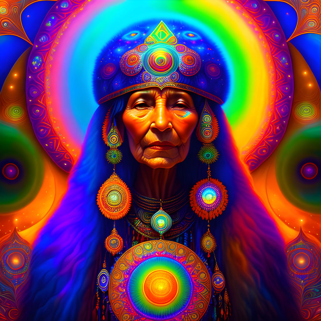 Colorful Elder Portrait with Elaborate Headdress and Mandala Background