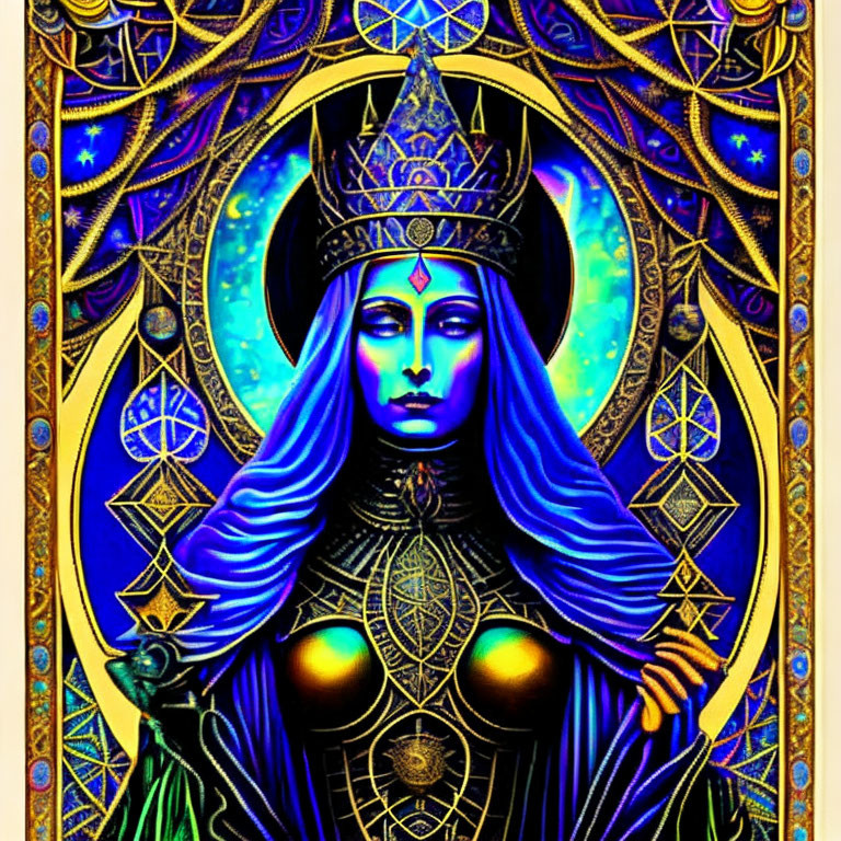 Mystical figure with blue skin and ornate crown in vibrant artwork