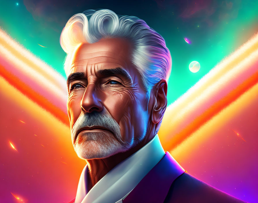 Silver-haired man in purple suit against neon background