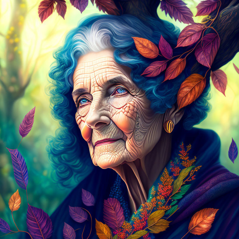 Elderly woman with blue eyes and grey hair among autumn leaves