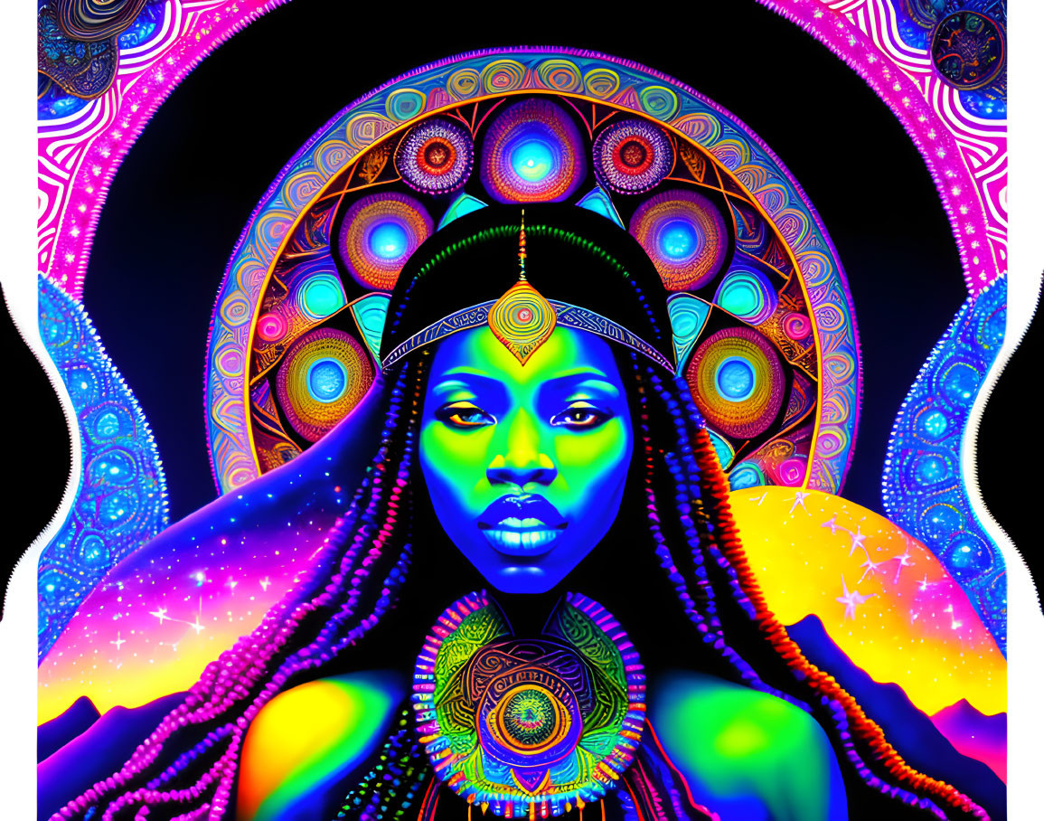 Colorful Psychedelic Digital Artwork of Woman with Celestial Motifs