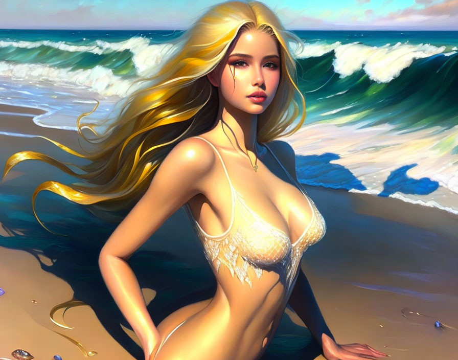 Blonde woman in white bikini on beach with waves