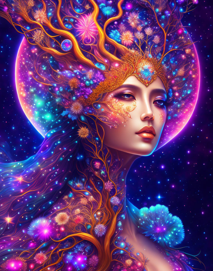 Colorful woman with cosmic and floral elements and decorative mask on starry background