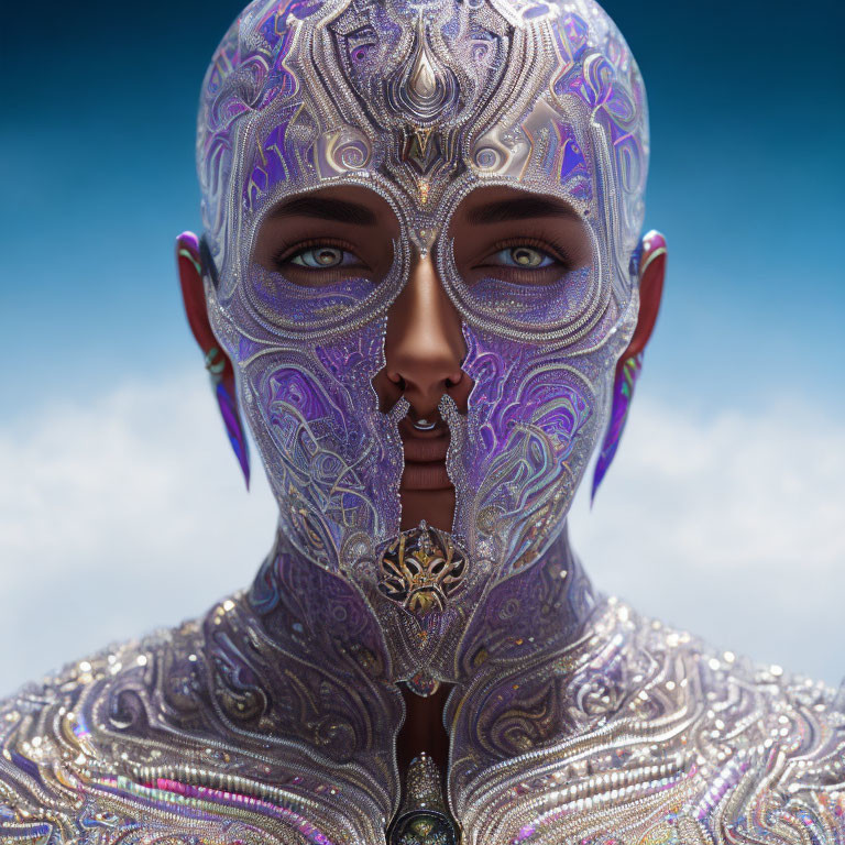 Ornate metallic purple-patterned mask against soft blue sky