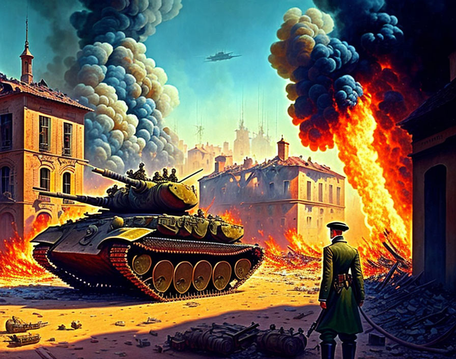 Military man in uniform with tank and aircraft in burning cityscape