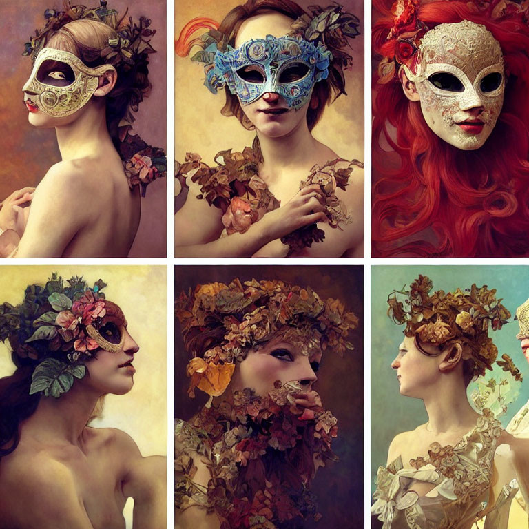 Stylized portraits of individuals with ornate masks and floral adornments