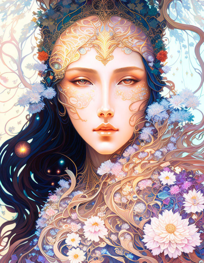 Mystical woman with gold facial ornaments and floral hair decorations