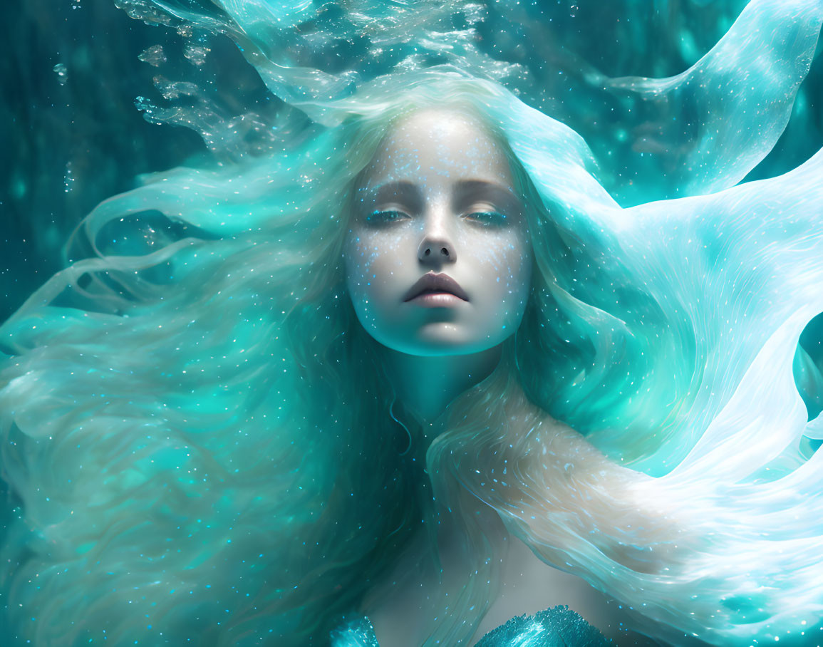 Blonde woman with flowing hair underwater in turquoise swirl.