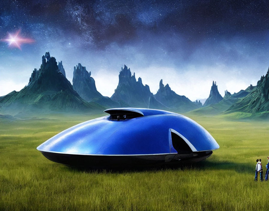 Futuristic blue spaceship in green field with mountains and two people