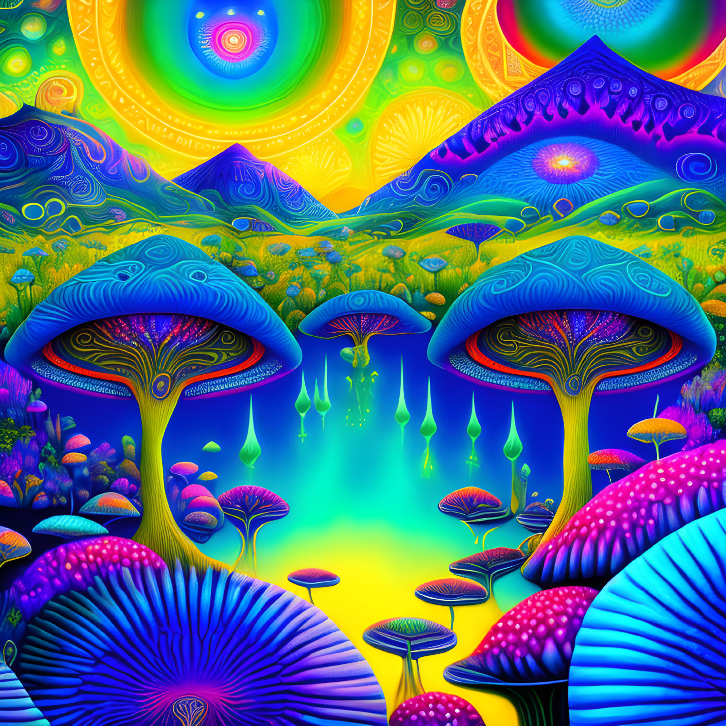 Colorful digital art: Psychedelic mushrooms, plants, swirling patterns