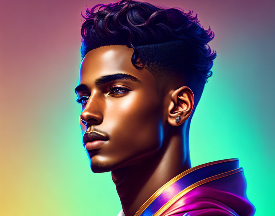 Stylized digital illustration of young man with high fade haircut and purple jacket