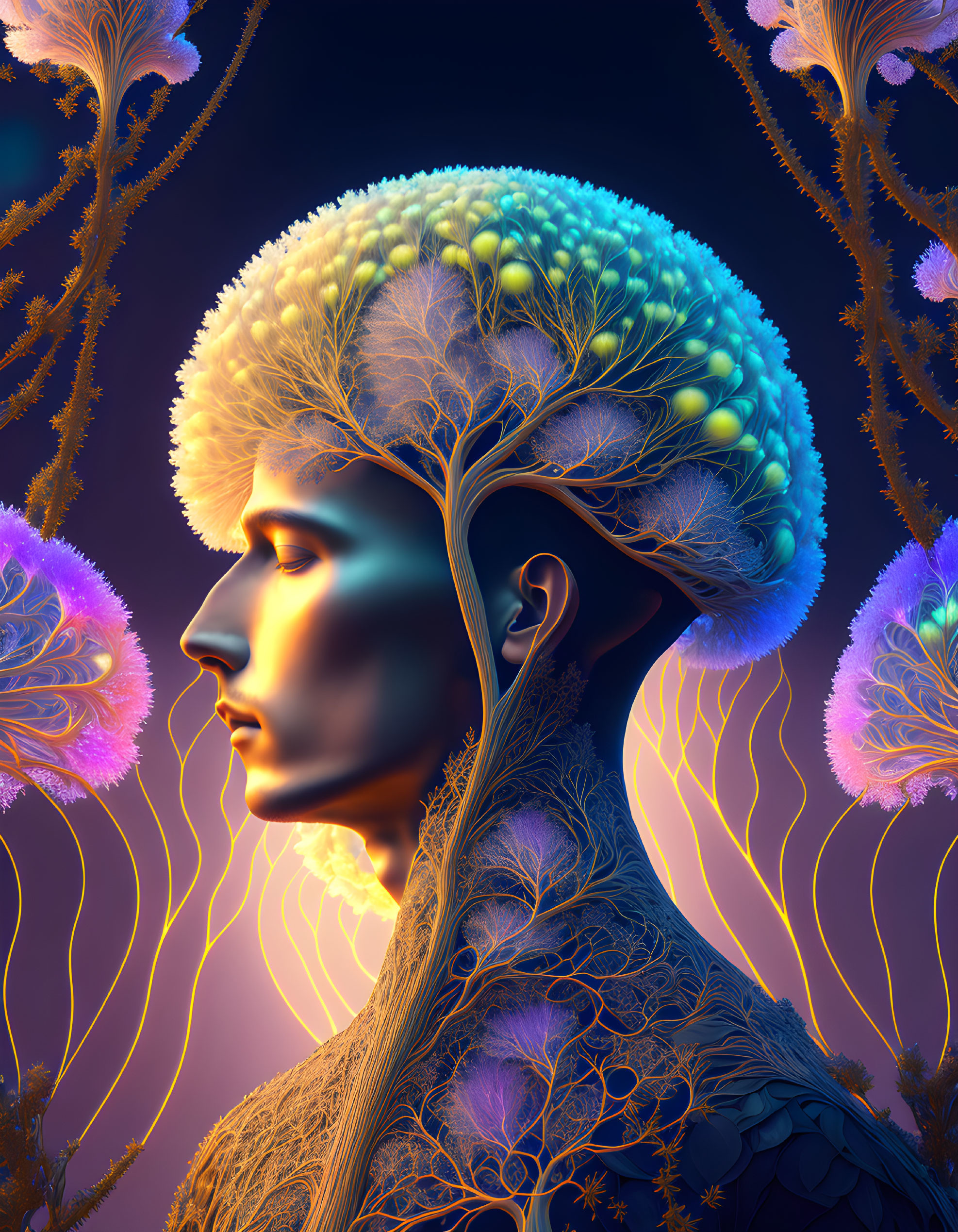 Surreal human profile merges with tree-like structures in brain-themed illustration