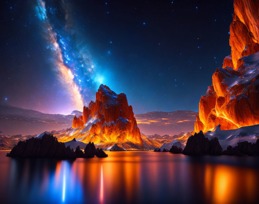 Starry Night Sky Over Orange-Lit Mountain Peaks