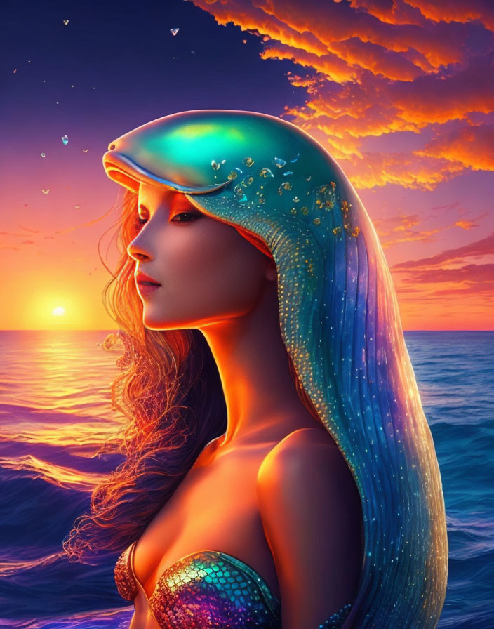 Vivid digital artwork: woman with luminous hair and ocean-themed cap in sunset seascape