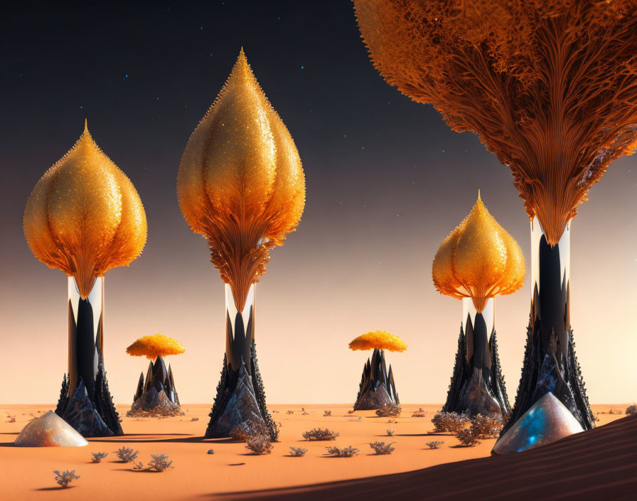 Surreal golden teardrop trees in desert landscape under orange sky