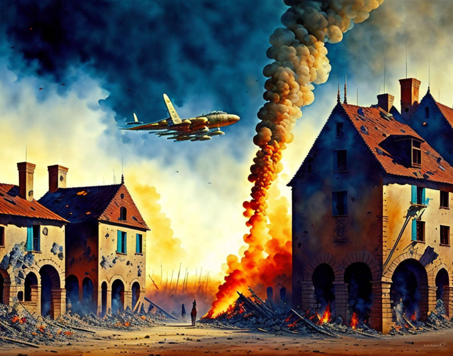 Warplane flying over burning buildings and destruction with thick smoke and flames.