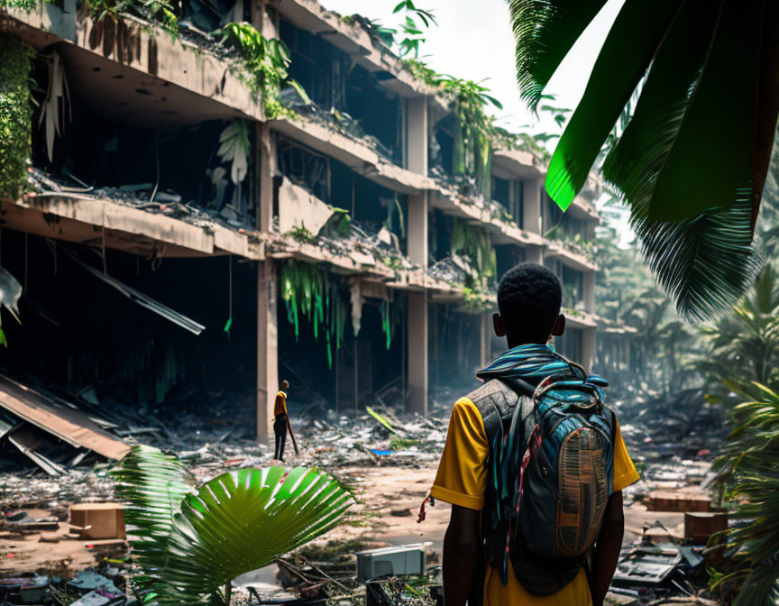 Backpack-wearing person watches someone in overgrown ruins