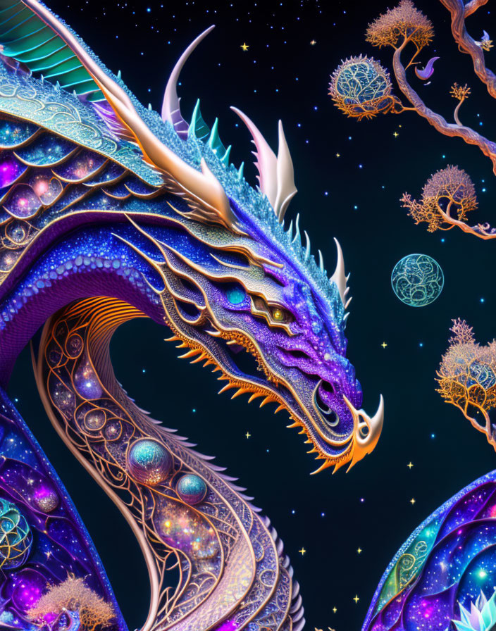 Colorful mythical dragon art against starry night sky & trees