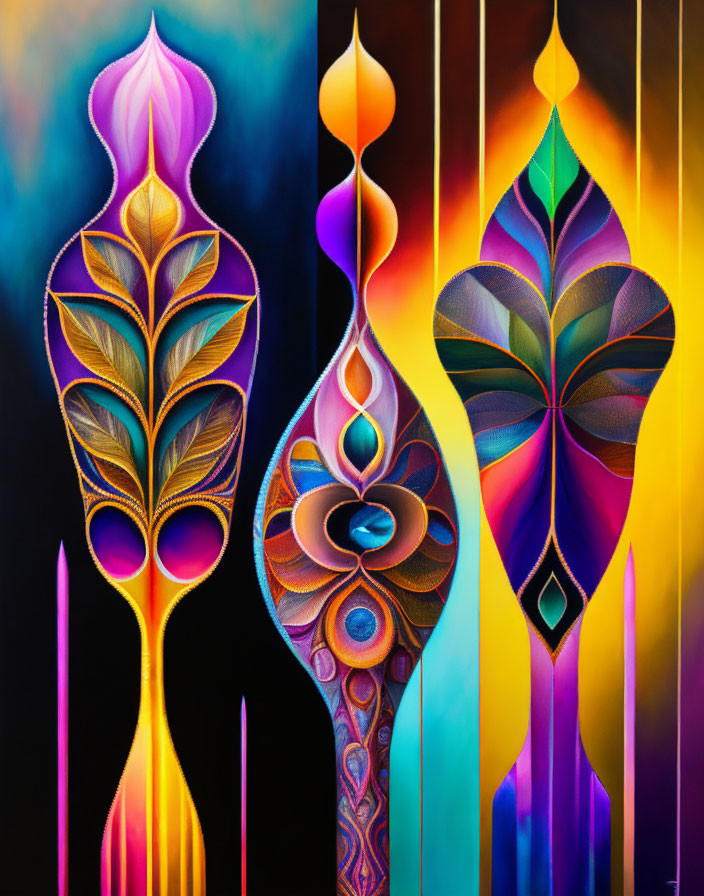 Symmetrical leaf patterns in vibrant abstract painting