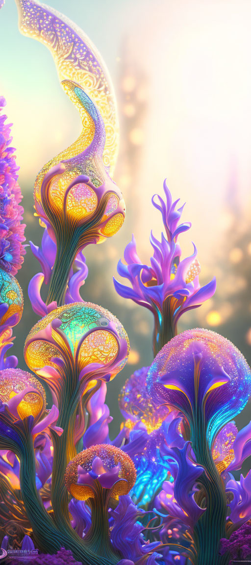 Bioluminescent Flora in Purple, Blue, and Orange Hues