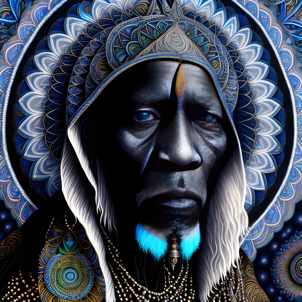 Elder with Striking Face Paint in Blue Mandala Setting