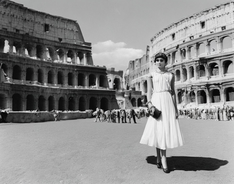 Woman in vintage dress at Colosseum in Rome exudes timeless elegance