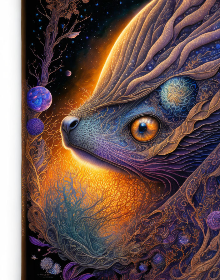 Colorful cosmic creature art with intricate patterns and starry sky theme