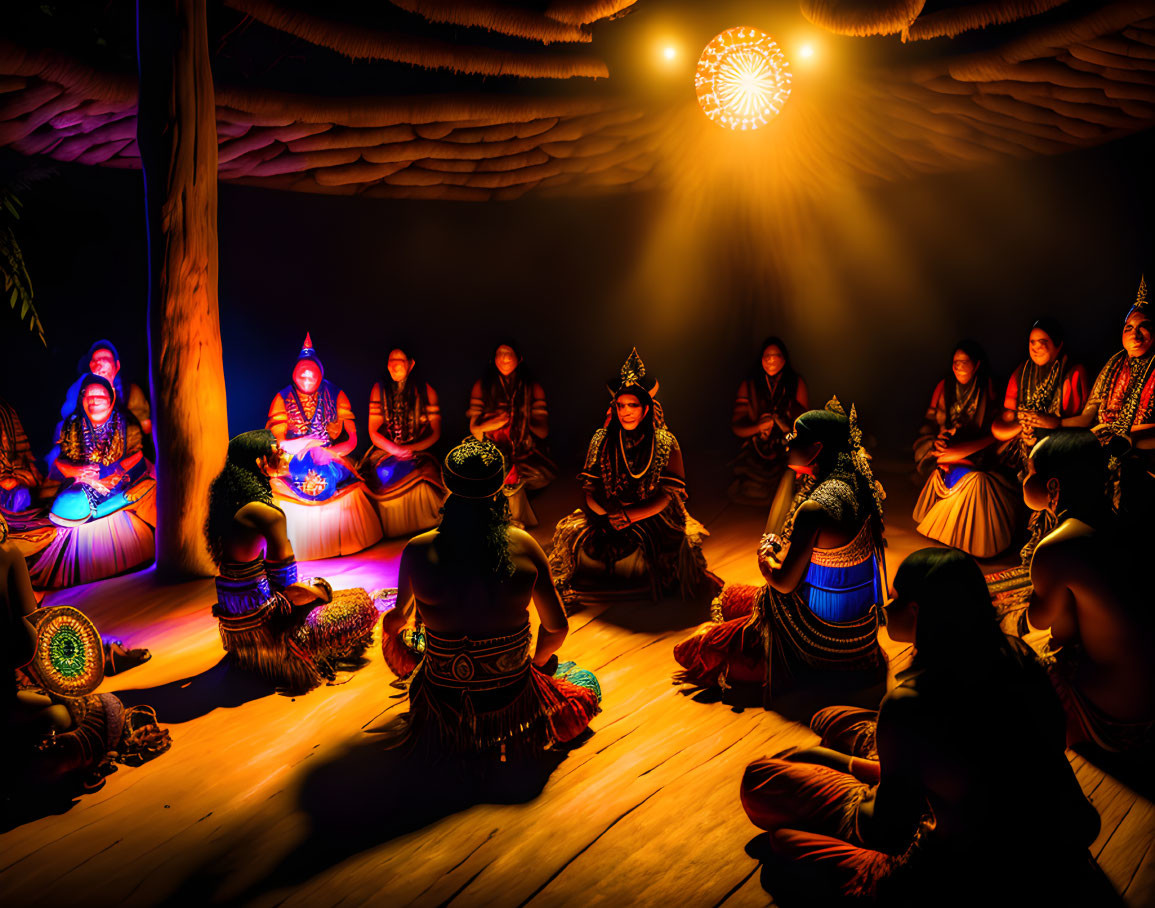 People in Traditional Attire Seated Indoors in Warm Illumination