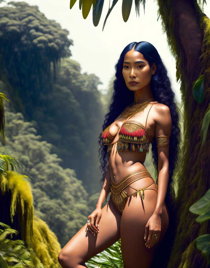 Woman in tribal outfit poses in lush forest with sunlight filtering.