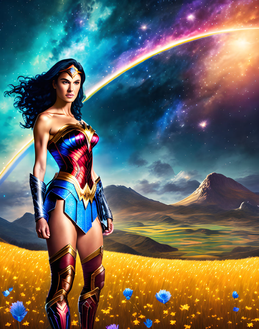 Colorful warrior woman in heroic stance with cosmic sky streak