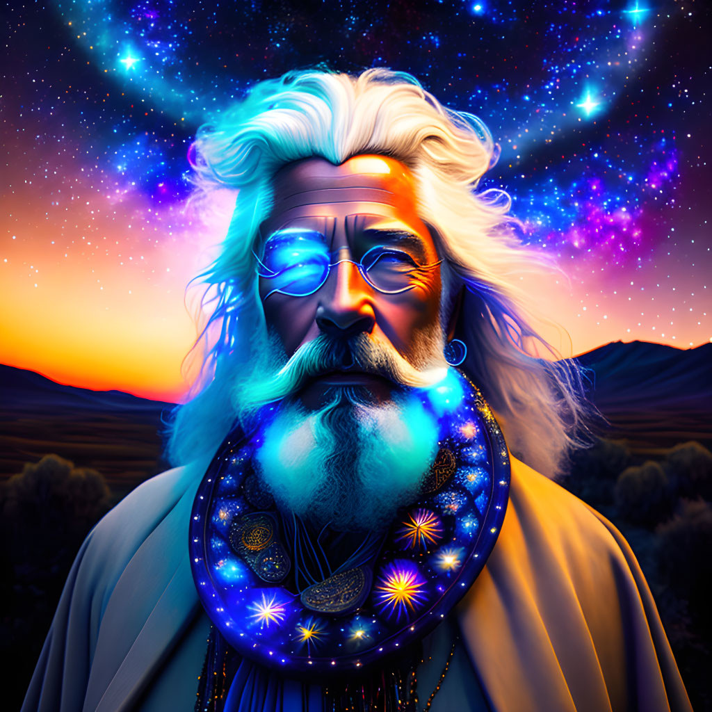 Illustration of wise old man with cosmic beard and pendant under starry sky.