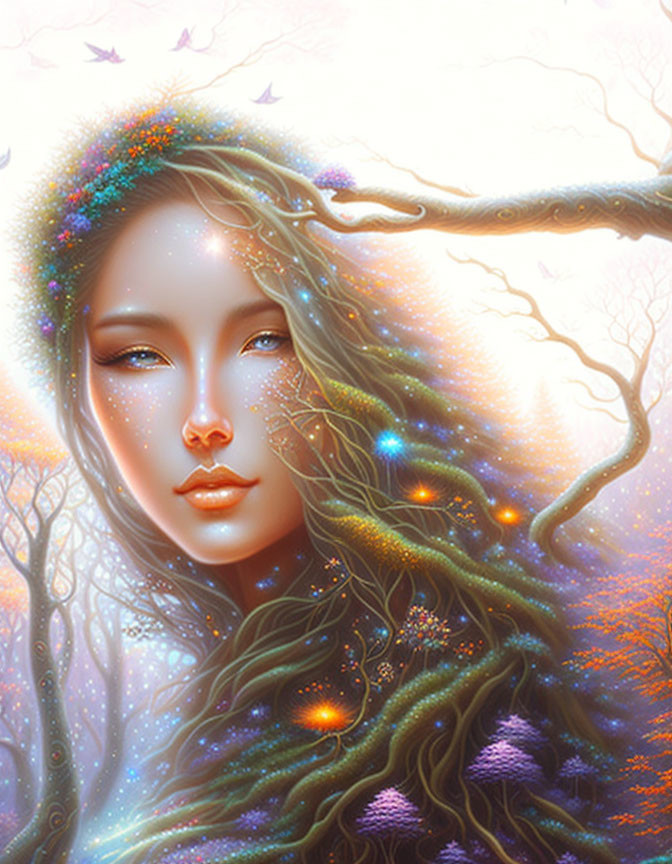 Vibrant woman-nature blend with tree silhouette in mystical forest