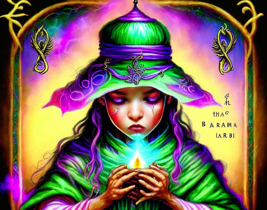 Detailed illustration: Young girl in green attire holding blue flame