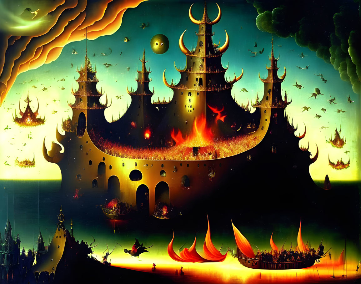 Surreal fiery landscape with ornate castle-like structure and flying ships in whimsical sky