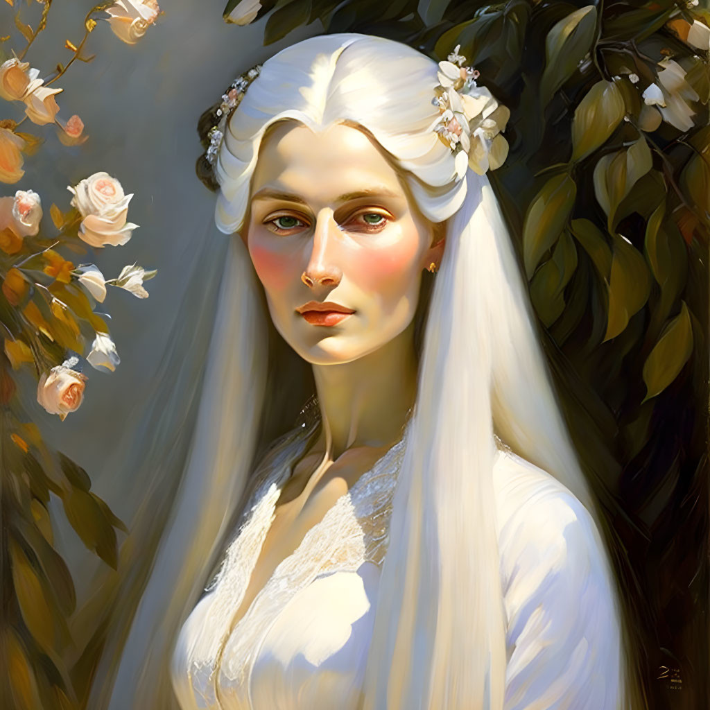 Illustration of woman with long white hair and flowers, surrounded by roses and leaves