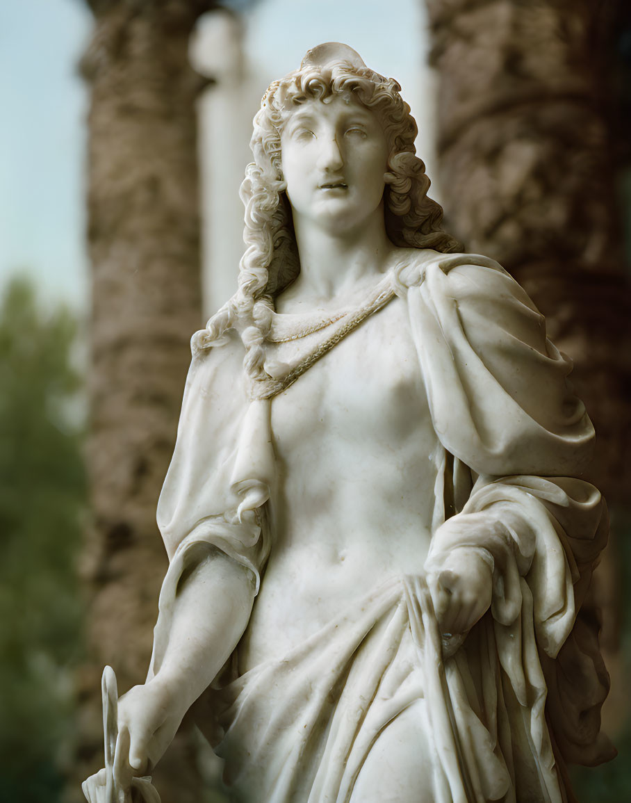 Classical marble statue with long curly hair and draped clothing against tree background