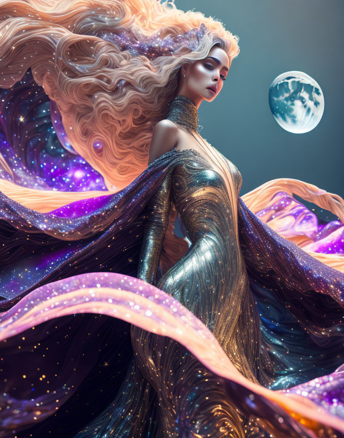 Ethereal woman in golden gown with flowing hair under moonlit sky