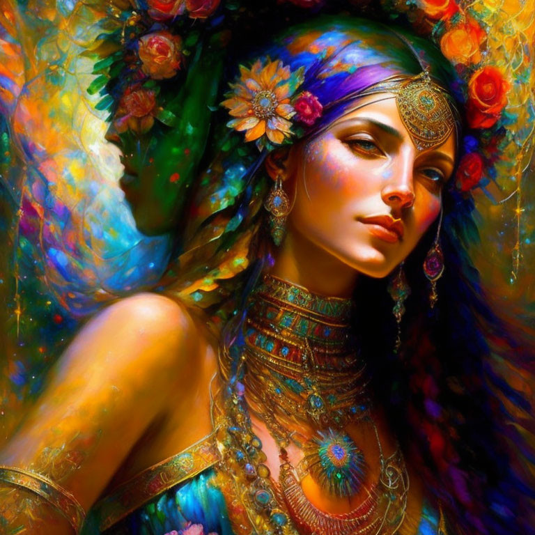 Colorful artwork of a woman with blue hair and ethnic jewelry